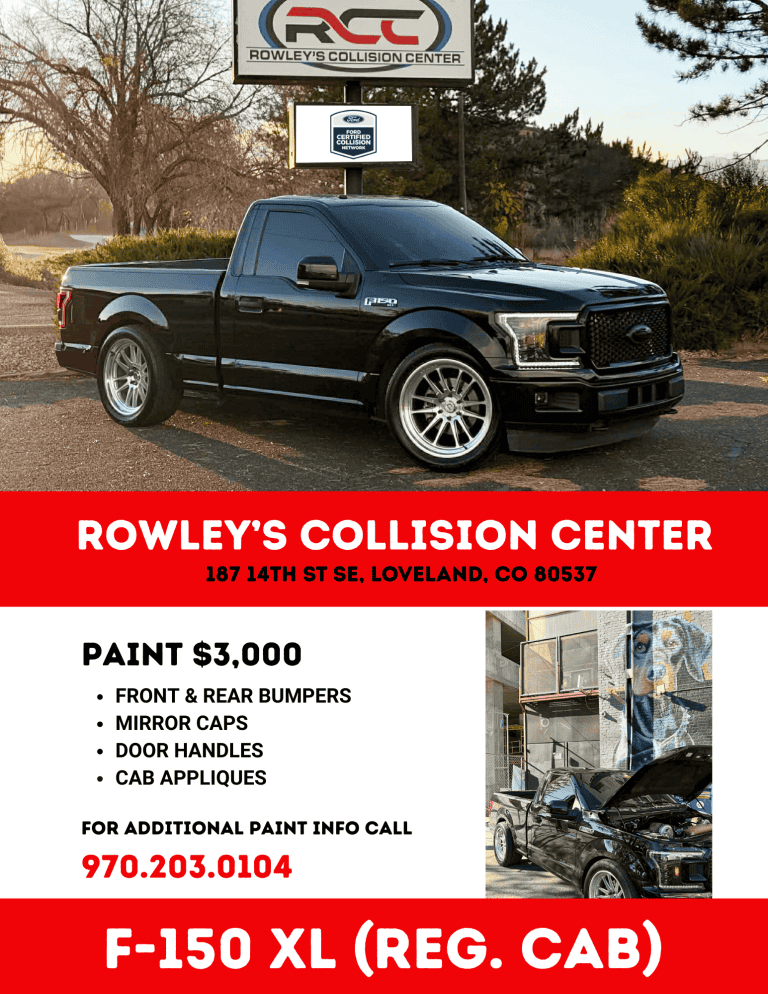 A black Ford F-150 XL regular cab with fresh paint work, parked in front of the Rowley's Collision Center sign