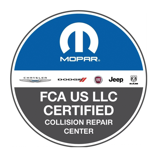 FCA US LLC Certified Collision Repair Center badge for Chrysler, Dodge, Fiat, Jeep, and Ram